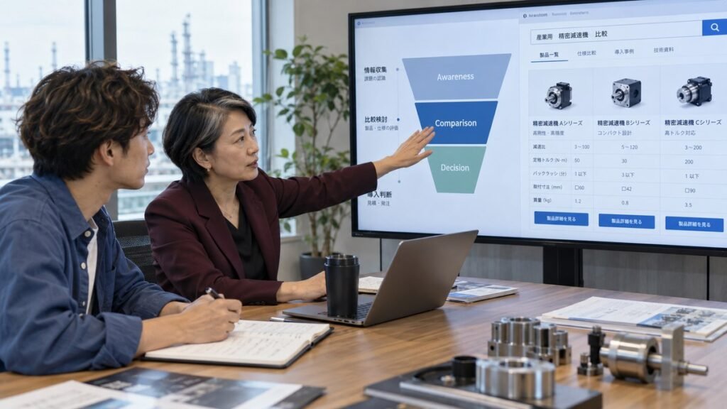 マーケティングファネルの比較検討段階と製品情報を確認する日本人の担当者