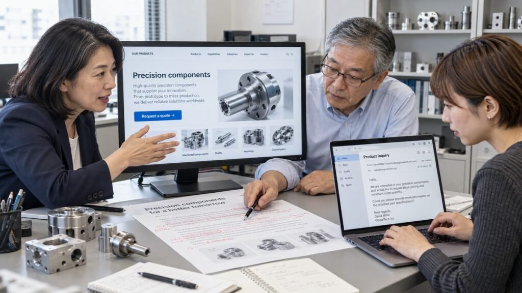 日本人の担当者が英語の製品ページ、修正原稿、海外顧客からの問い合わせを確認している