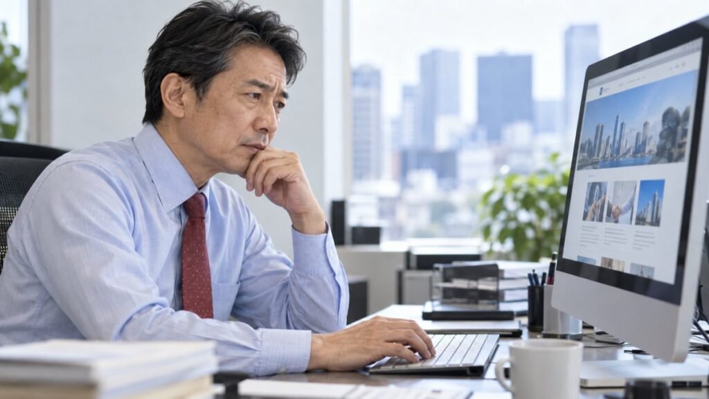 英語版の企業サイトをパソコンで確認する日本人の担当者