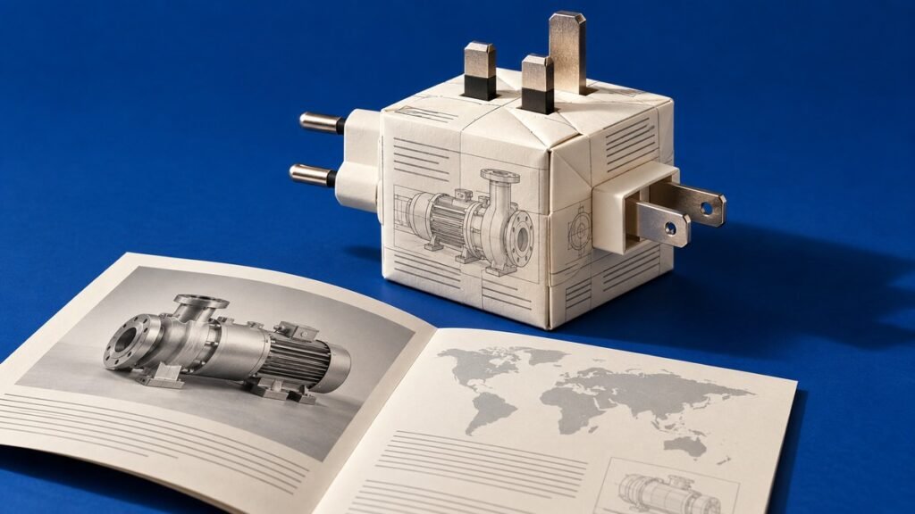 製品資料を折って作った海外用変換プラグと、世界地図が載ったパンフレット