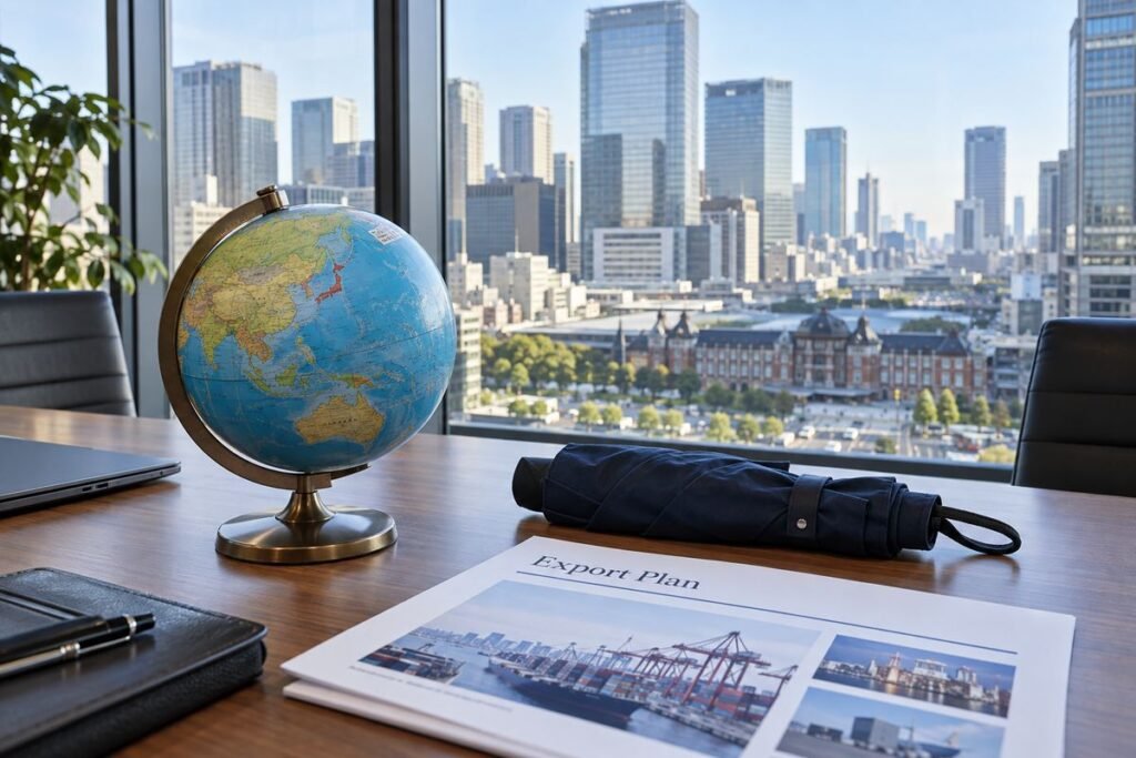 東京のオフィスで、地球儀と輸出計画の資料を使って海外展開を準備する場面