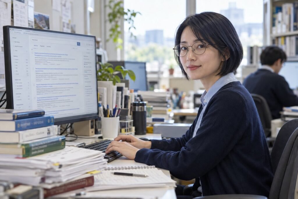 大学の研究室でデスクトップパソコンを使い、学術文献を調べる日本人女性研究者