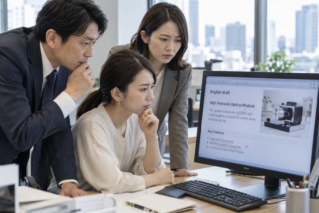 英語の製品ページを確認し、訳文の問題を検討する日本企業の担当者
