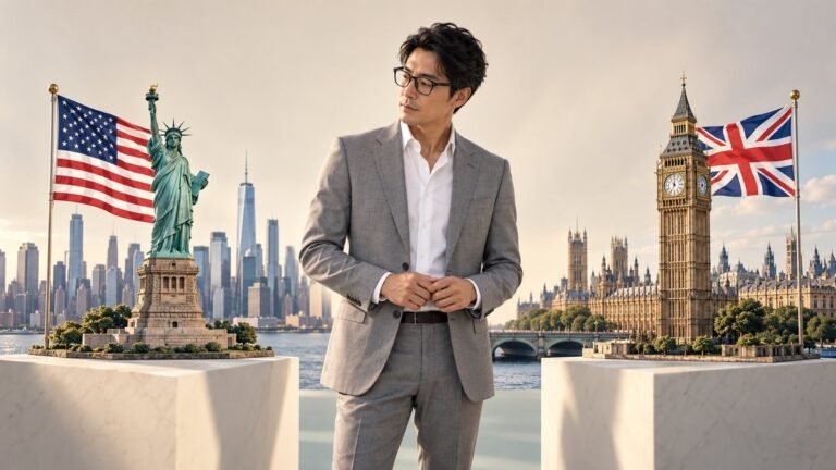 アメリカ国旗と自由の女神、イギリス国旗とビッグ・ベンの間で選択を考える、眼鏡をかけた日本人ビジネスパーソン