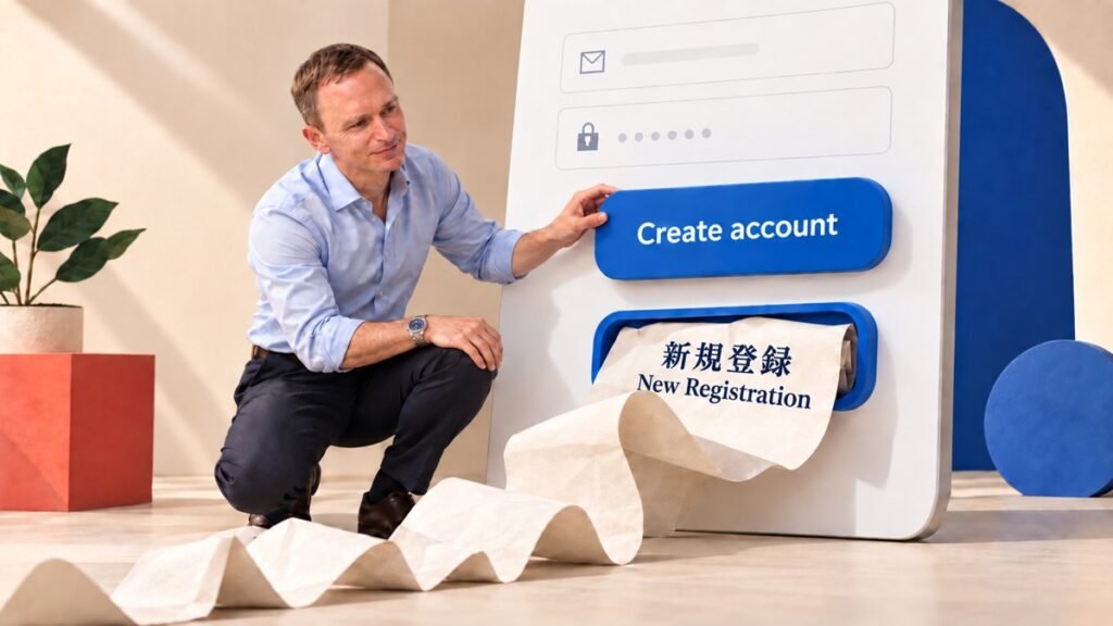 アダム・ゴールストンが「新規登録／New Registration」の文言を「Create account」に置き換えるUI翻訳のコンセプト
