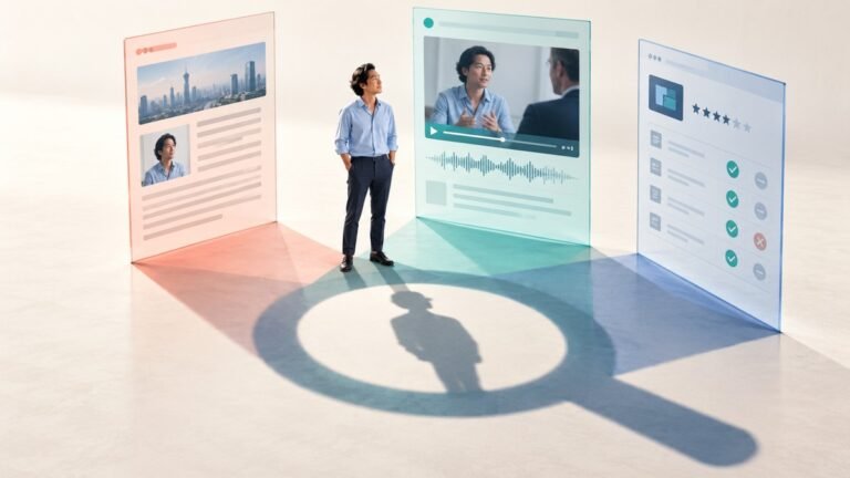 オンライン記事、動画インタビュー、レビューに囲まれ、虫眼鏡の形の影に映る日本人の経営者