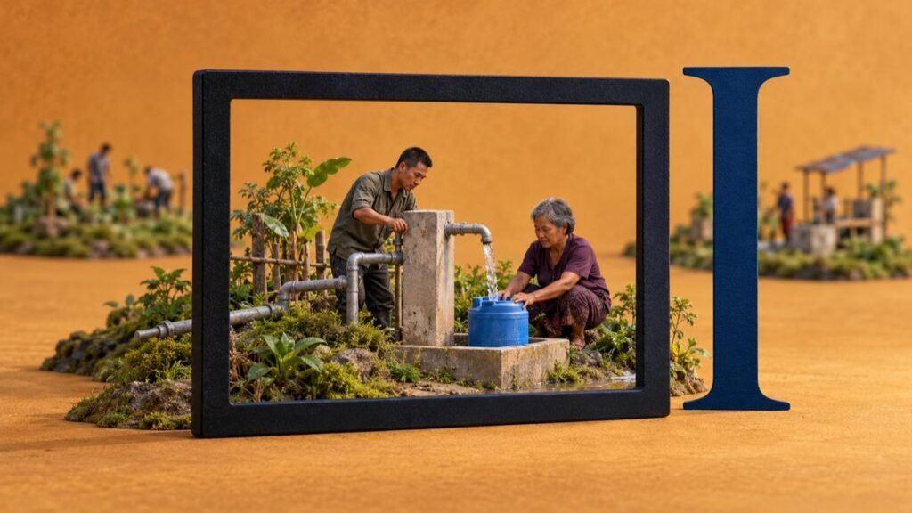 Conceptual scene of community members at a water point framed beside an oversized text cursor.