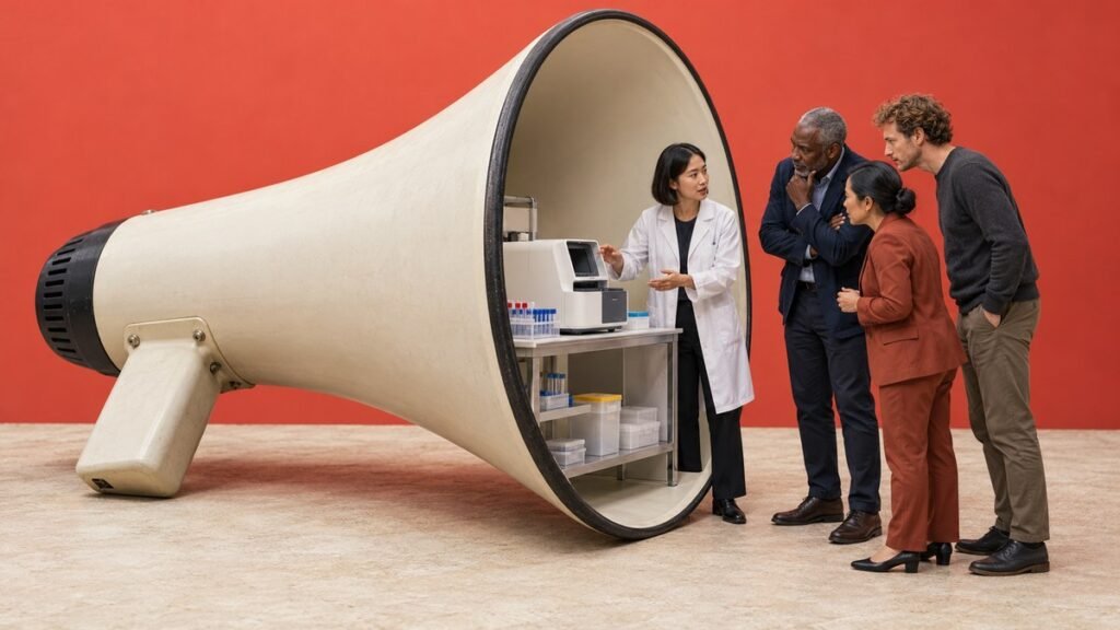 An oversized megaphone opens onto a biomedical research bench, where a scientist explains a diagnostic device to international business visitors
